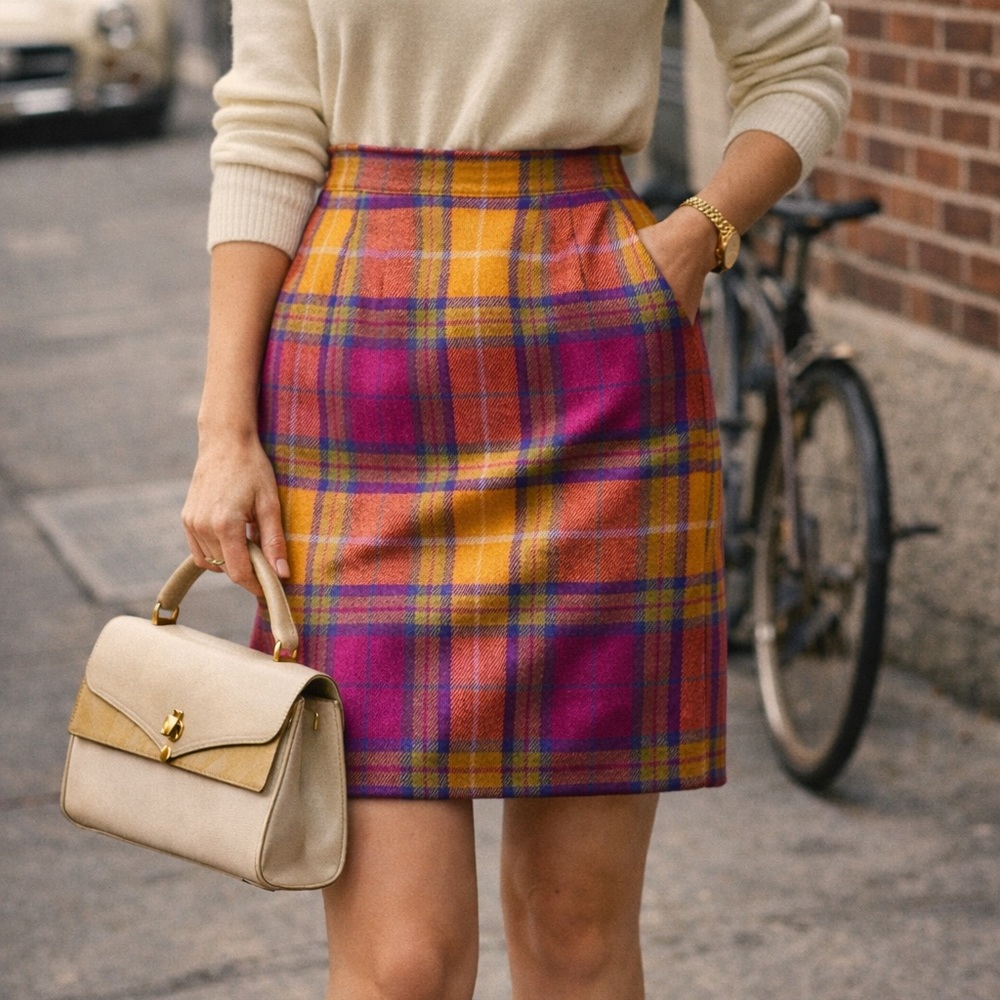 Adrienne Vittadini Pink and Yellow Plaid Pencil Skirt
